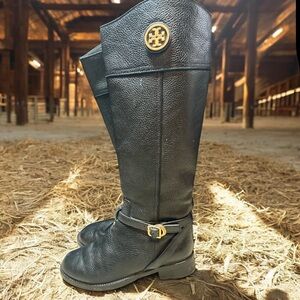 Tory Burch Black Leather Riding Boots Gold Logo Buckle Womens Size 8M